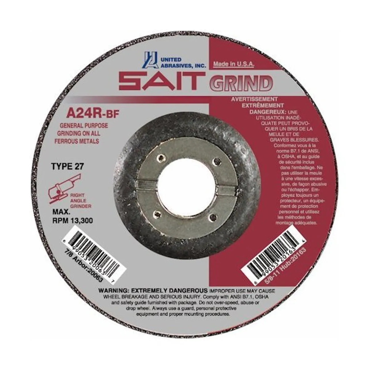 United Abrasives 1/4" Type 27 Aluminum Oxide Grinding Wheel with Super-Lock Hub| 20086 | 7" Diameter (Sold by Box of 1